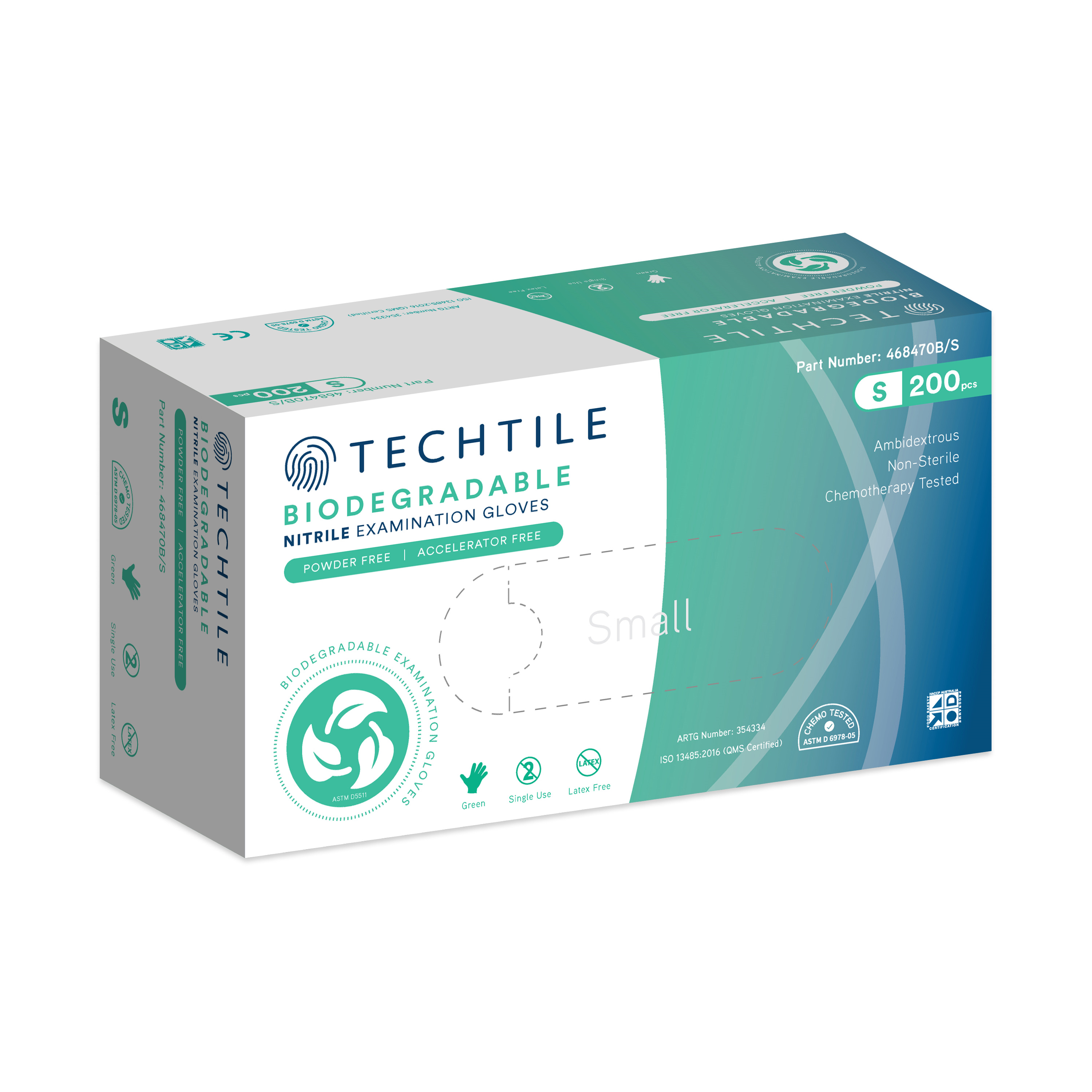 468470B-S (Techtile Biodegradable Examination Nitrile Gloves Powder Free Blue Small)