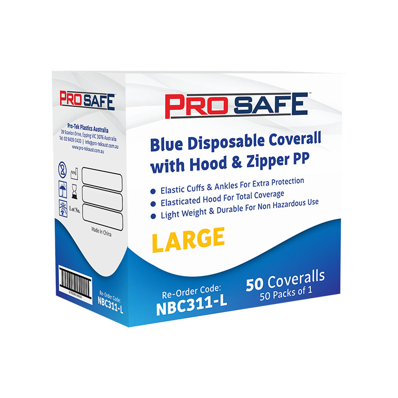 NBC311-L-BX (ProSafe Blue Disposable Coverall With Hood & Zipper PP Large 50pcs)