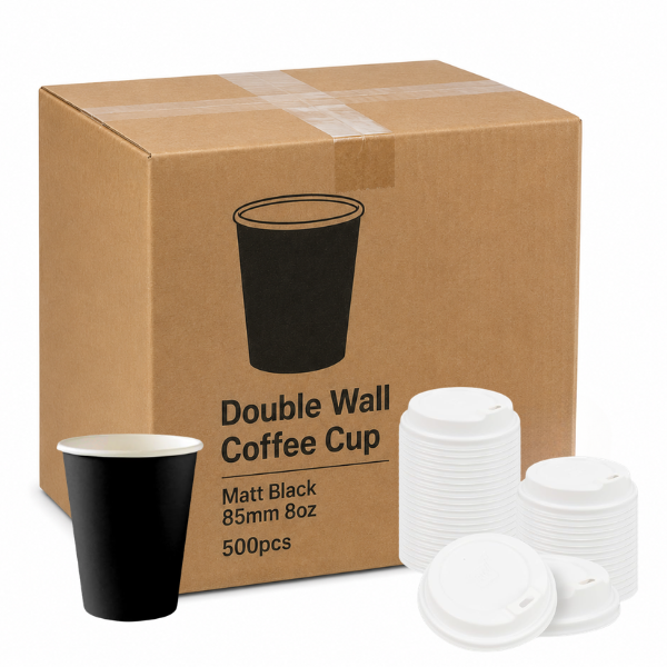 6486.6491-BX (Double Wall Coffee Cup Matt Black 85mm 8oz 500pcs + White Lids to Suit 500pcs)