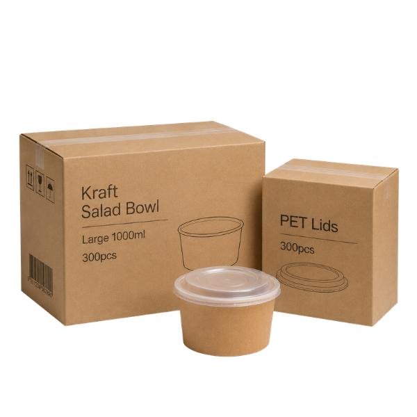 100254-BX (Kraft Salad Bowl Large 1000ml 300pcs + PET Lids to Suit 300pcs)